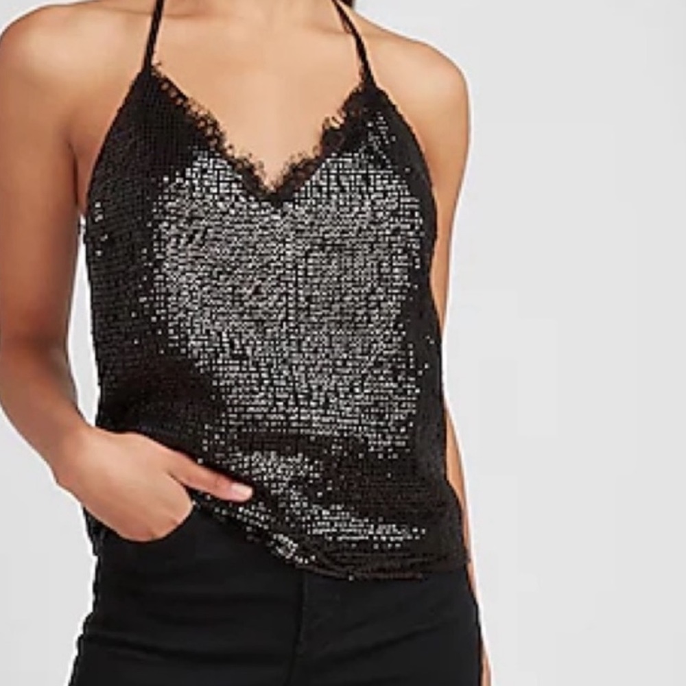 Express Black Sequin Lace Trim Racer Back Cami NWT small